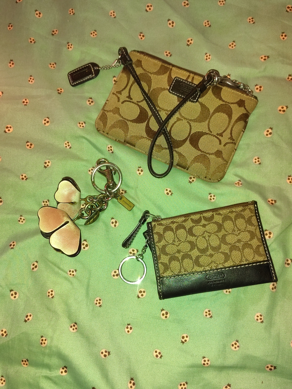 Coach Khaki/Tan Signature Canvas Wristlet & Card Case Set with Floral Charm